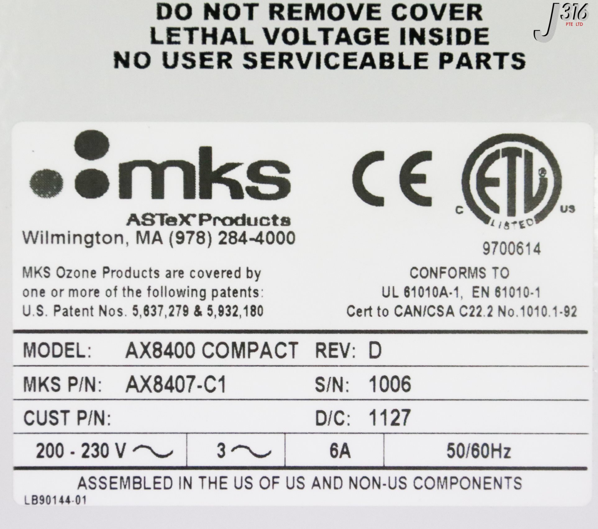 33121 MKS OZONE GENERATOR, P/N: AX8407-C1 AX8400 COMPACT – J316Gallery